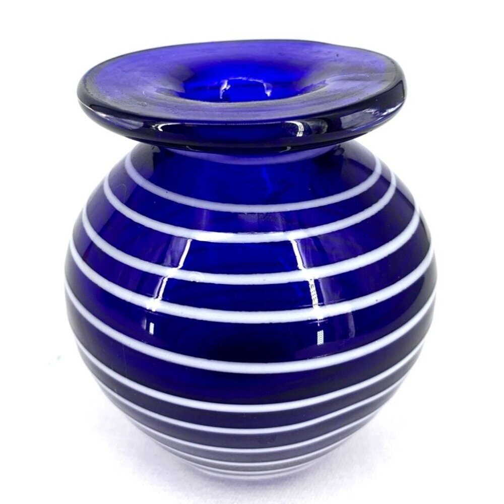Cobalt Blue Vase Art Glass Iridescent White Swirled Small 3 1/4" - Picture 3 of 6